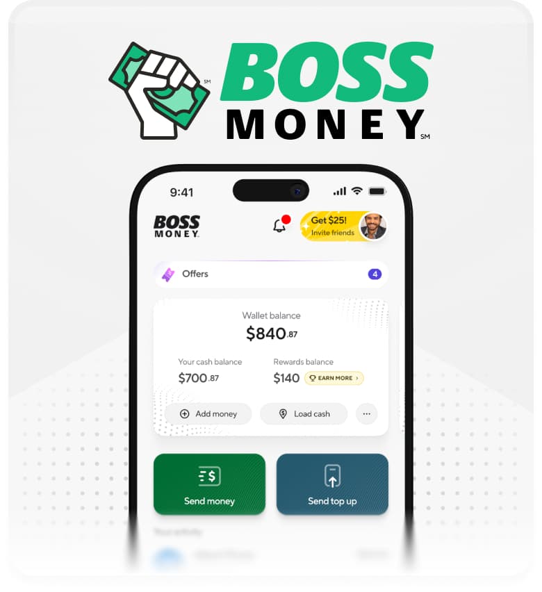 BOSS Money app home and send-money experience