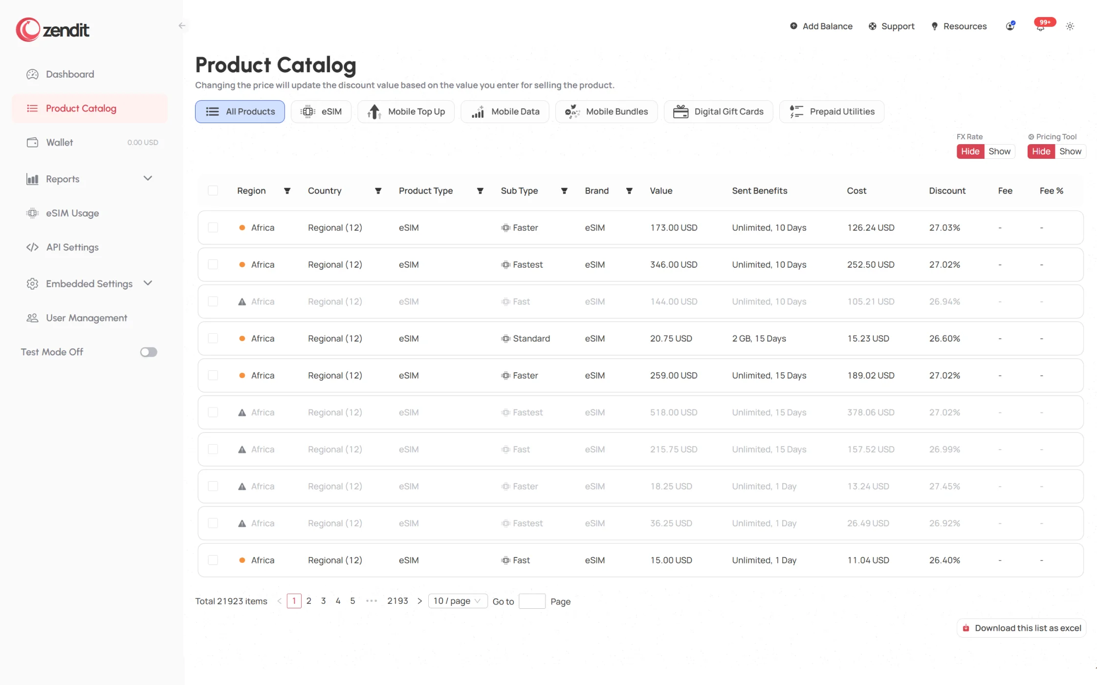 zendit product catalog table with product filters