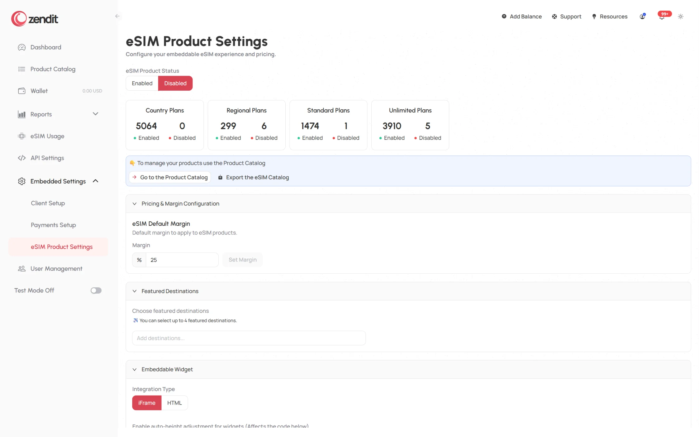 zendit eSIM settings and embedded widget configuration