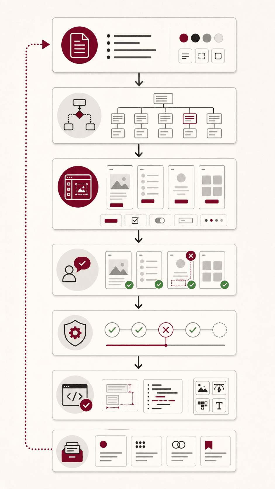 Design workflow moving from a written brief through flow mapping, Figma building, independent review, quality checks, handoff, and a memory loop
